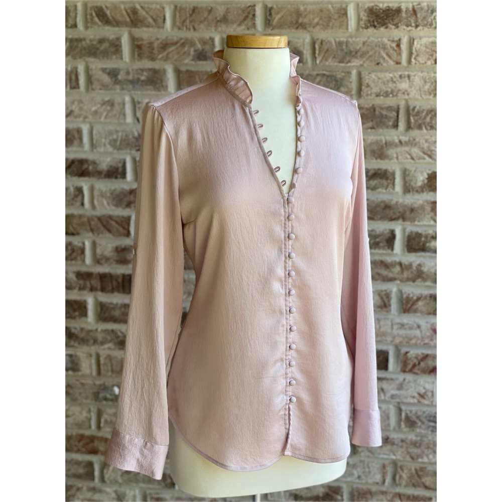 •EXPRESS• Slim Fit Satin Portofino Ruffle Shirt in Truffle Pink, Size Medium